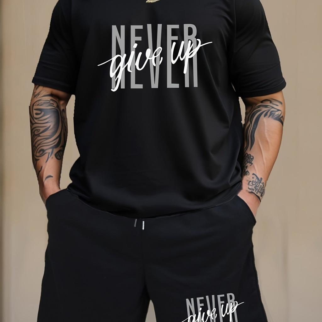 Mens NEVER GIVE UP Graphic Loungewear Set - Short Sleeve Tee & Drawstring Shorts with Pockets - Super Comfortable Casual Pajama