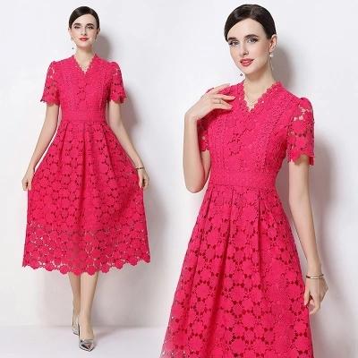 Summer Formal Evening Dress Women Hollow Out Crochet Lace Embroidery Party Long Dresses Female Short Sleeve Midi Dress