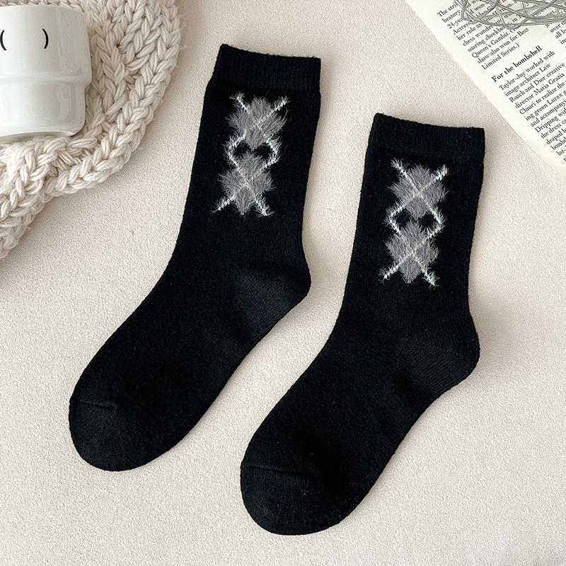 Wool Socks - Women's Warm and Thick Mid-calf Socks with Cartoon Dog and Bow Tie Design, In Gray Color, Suitable for All Occasions and Versatile.