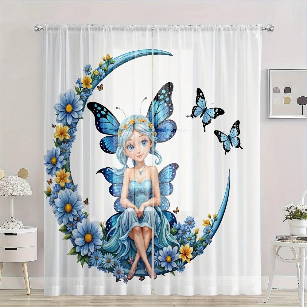 2-Piece Enchanted Forest Fairy Butterfly Transparent Curtains Rod Pocket Design For Living Room Bed Chamber WindowDecor Machine Washable