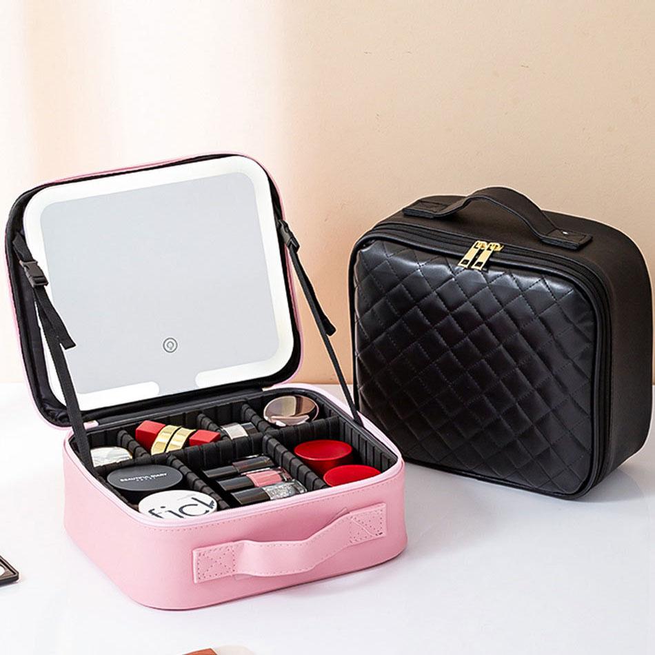 Reise-Make-up-Tasche mit Spiegel für Damen, Tragbare Make-up-Pinselbox mit großer Kapazität, Handliche Make-up-Tasche mit Fächern