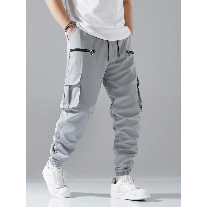 Men Elastic Waist Cargo Pants Multi Zipper Pocket Joggers Casual Streetwear Outdoor Slim Long Trousers