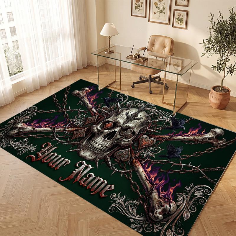 Tappeto Morbido in Velluto di Cristallo Tema Gotico Teschio Stampa Personalizzata Nome e Testo Tappeto Antiscivolo per Camera da Letto Soggiorno