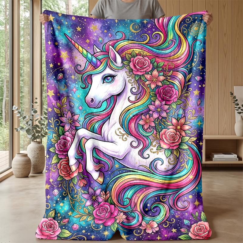 Magical Unicorn with Flowers Theme blanket Lightweight Warm Flannel Blanket Decorative Throw Blanket for Home Decoration