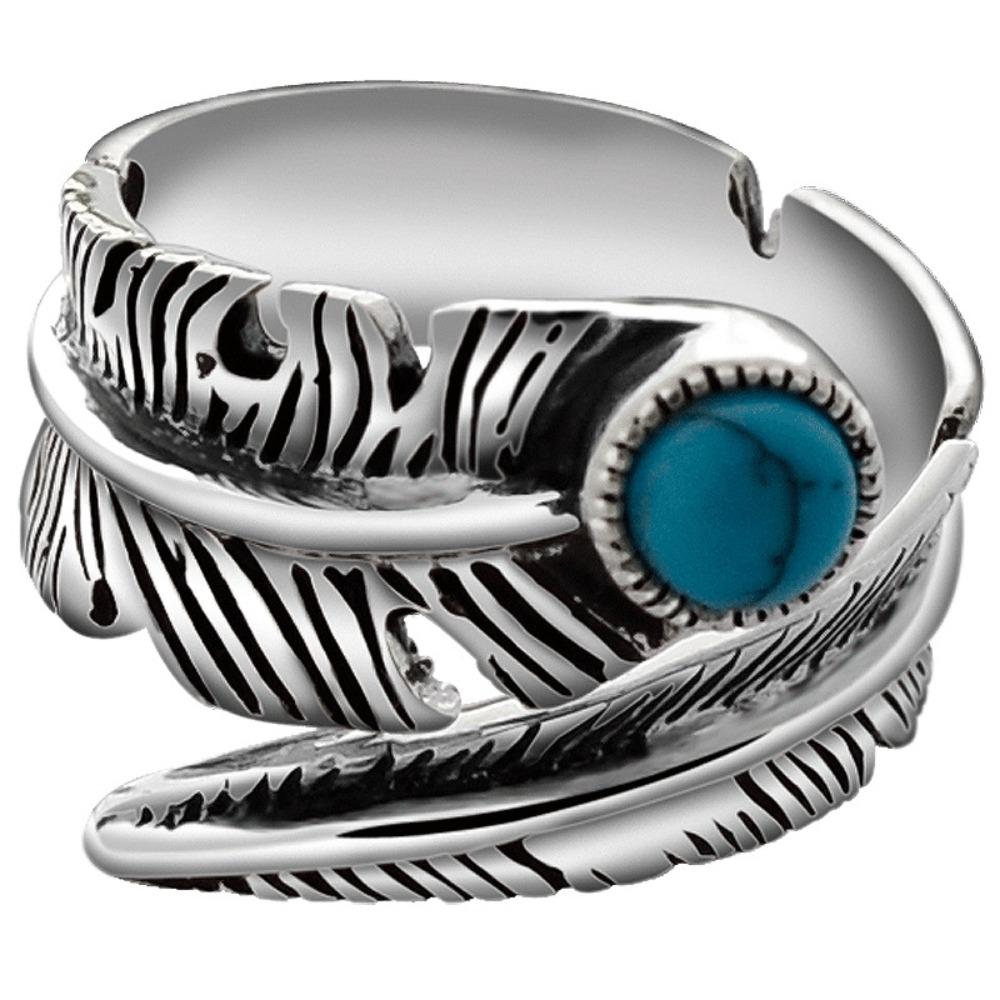 Anello Aperto Placcato Argento S925 Gioielli Thailandesi Vintage Turchese Sintetico Piuma Anello Unisex con Coda Regolabile
