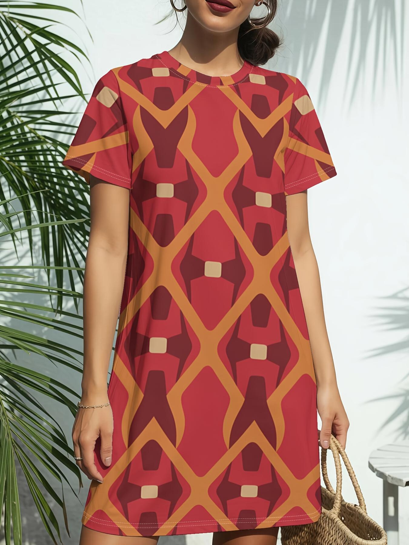 Women s Red Geo Weave Short-Sleeve T-Shirt Dress - Round Neck Casual Maxi Dress Suitable for Daily Wear. Birthday Outfits. Spring Summer Outfits. Amer 9XL дубильная кора