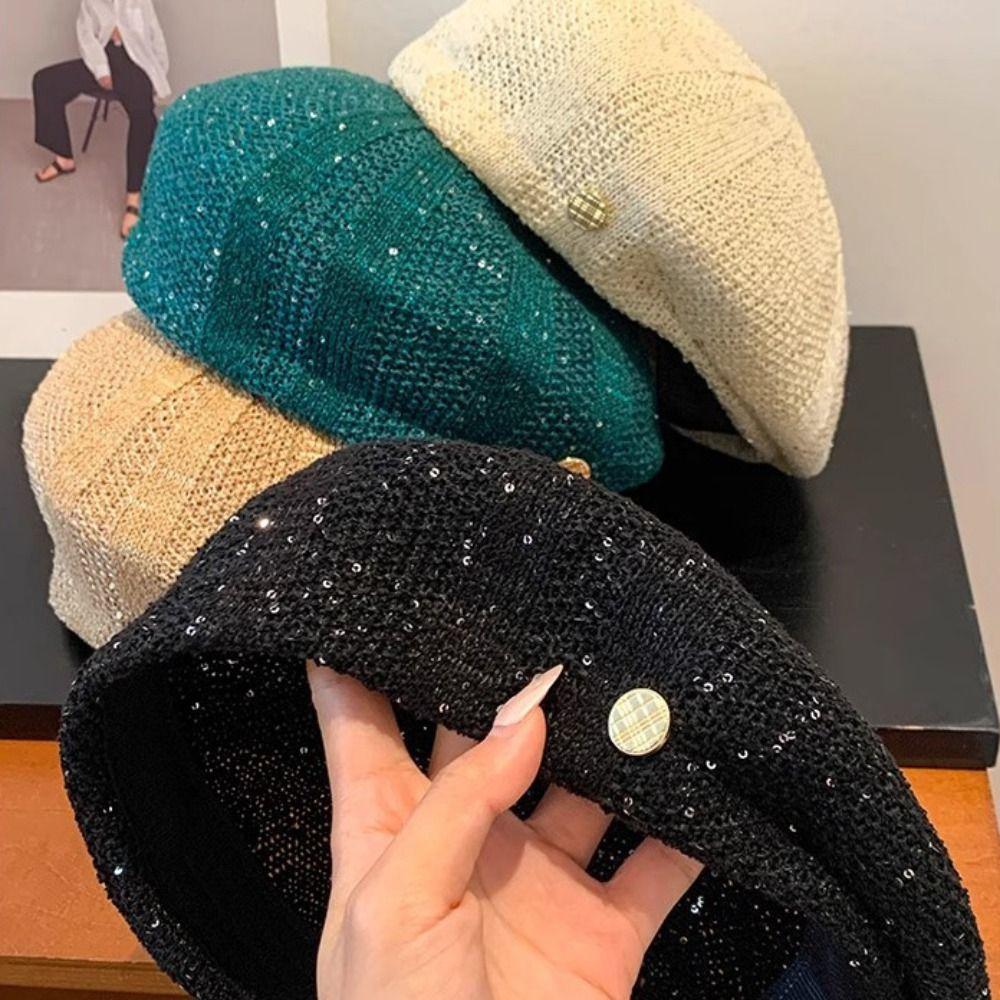 Hollowed Out Weave Hat Paillette Crochet Knitted Cap Elegant Sequin Beret Hat  Women