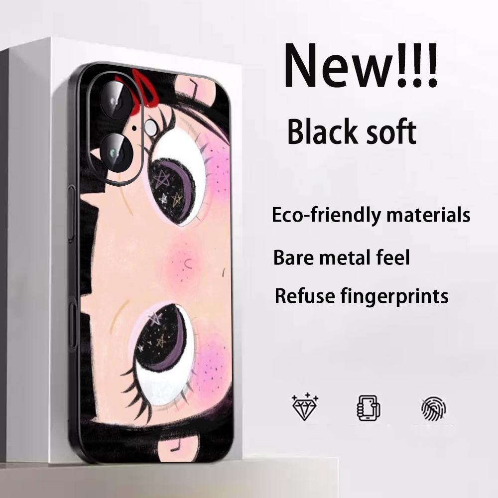 Big-eyed Cute Girl Cartoon Design Phone Case For iPhone 17 16 E 15 14 13 12 Plus Mini Pro Max Soft Black Shockproof Cover