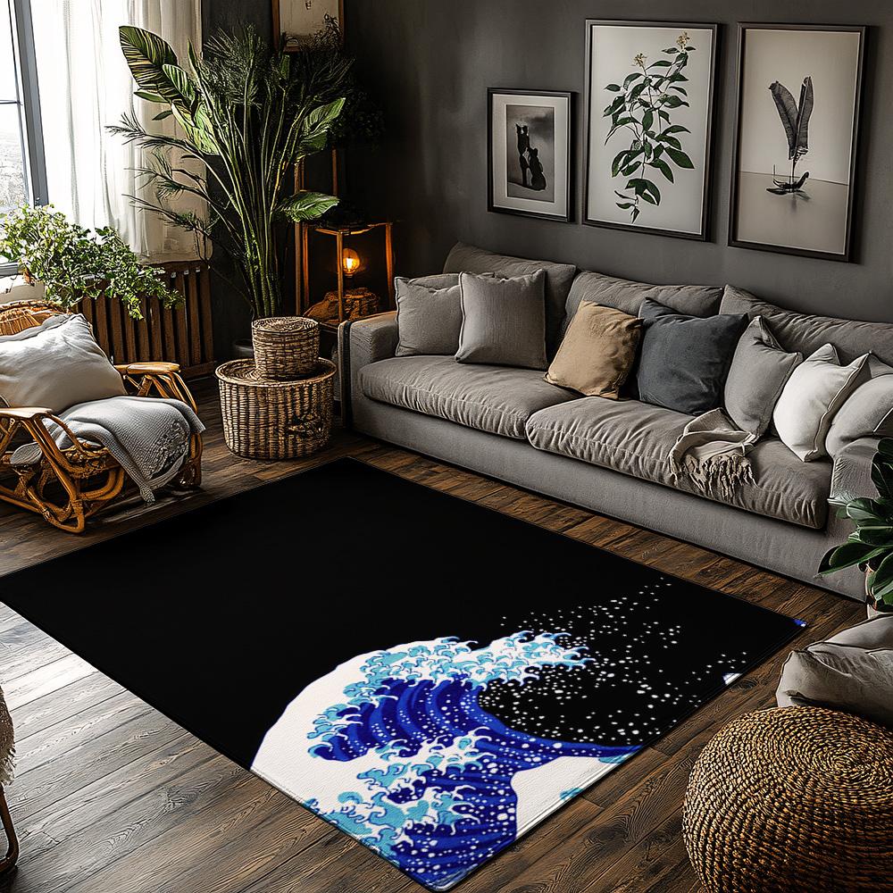 Ocean Wave Pattern Area Rug, Black & Blue White Modern Carpet for Living Room, Coastal Home Decor with Abstract Design 50x80cm