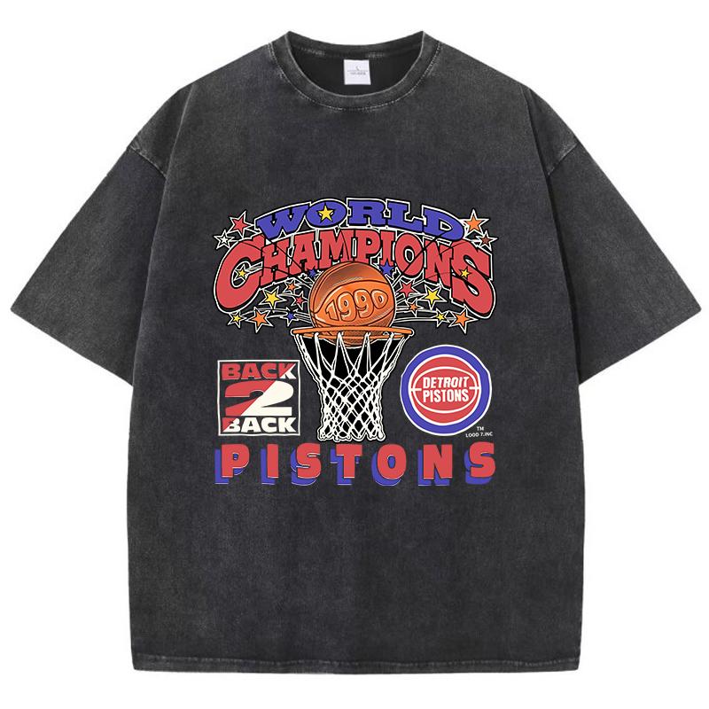 Vintage Womans Acid Wash T-Shirts World Championships Pistons Prints Tops Crewneck Cotton Oversize Tee Shirts Clothes