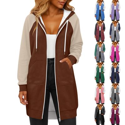 Chaqueta Sudadera Larga Casual de Moda para Mujer con Bloques de Color, Manga Larga, Capucha con Cordón Ajustable, Bolsillo con Cremallera