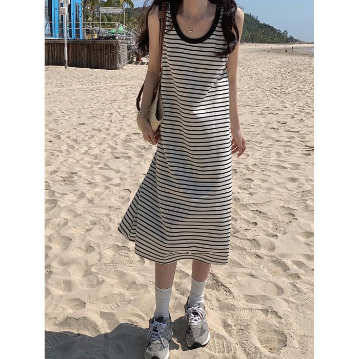 YYFS Dámská móda Léto Jaro Pruhovaný potisk Bez rukávů U výstřih Volný pas Ležérní šaty