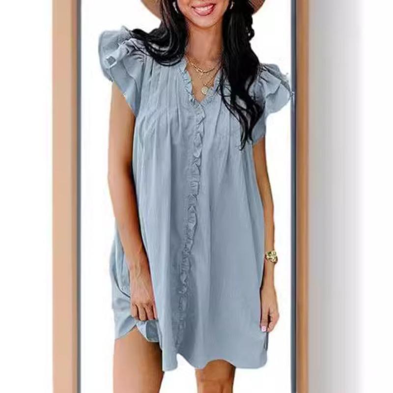 Fashion V-neck Ruffled Short-sleeved Dress Summer Solid Color Loose Shift Dress