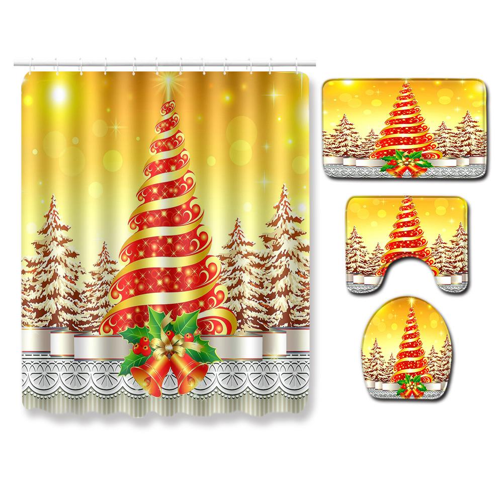 Christmas Shower Curtain Floor Mat Combination Four-Piece Set Bathroom Toilet Carpet Shower Room Mat Foot Mat