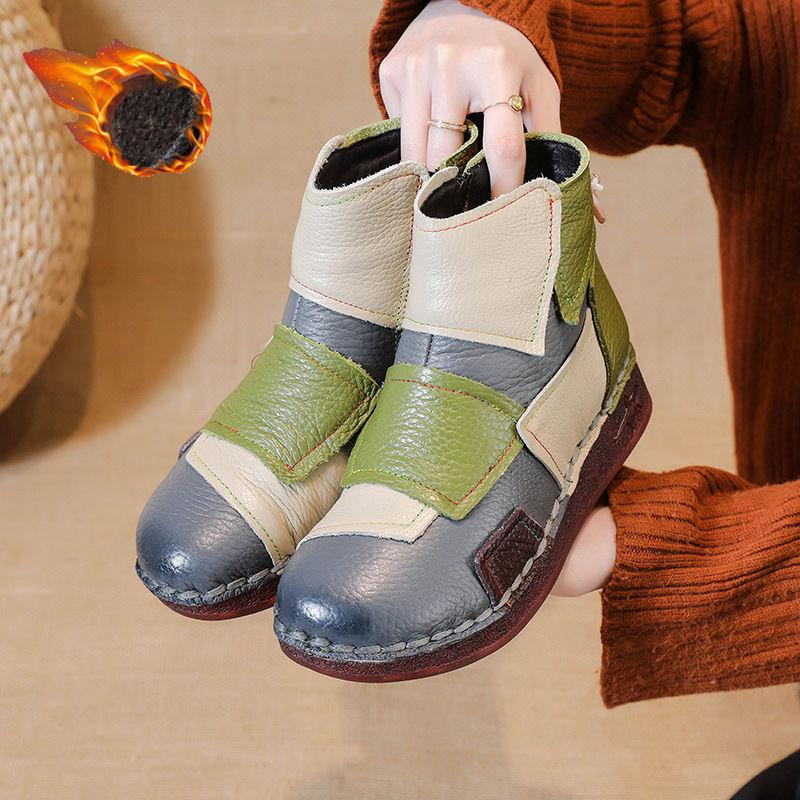 Vintage patches genuine leather ankle boots woman luxury snow shoes waterproof short plush boot women autumn booties lady flats