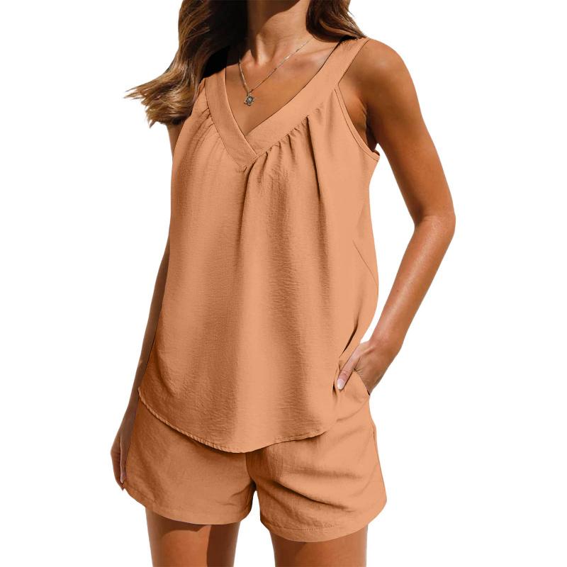 Women Sleeveless V Neck Two Piece Pajama Set With Loose Tank Top And Pocket Shorts For Casual Home Lounge Sleepwear Summer Daily Wear Outfit