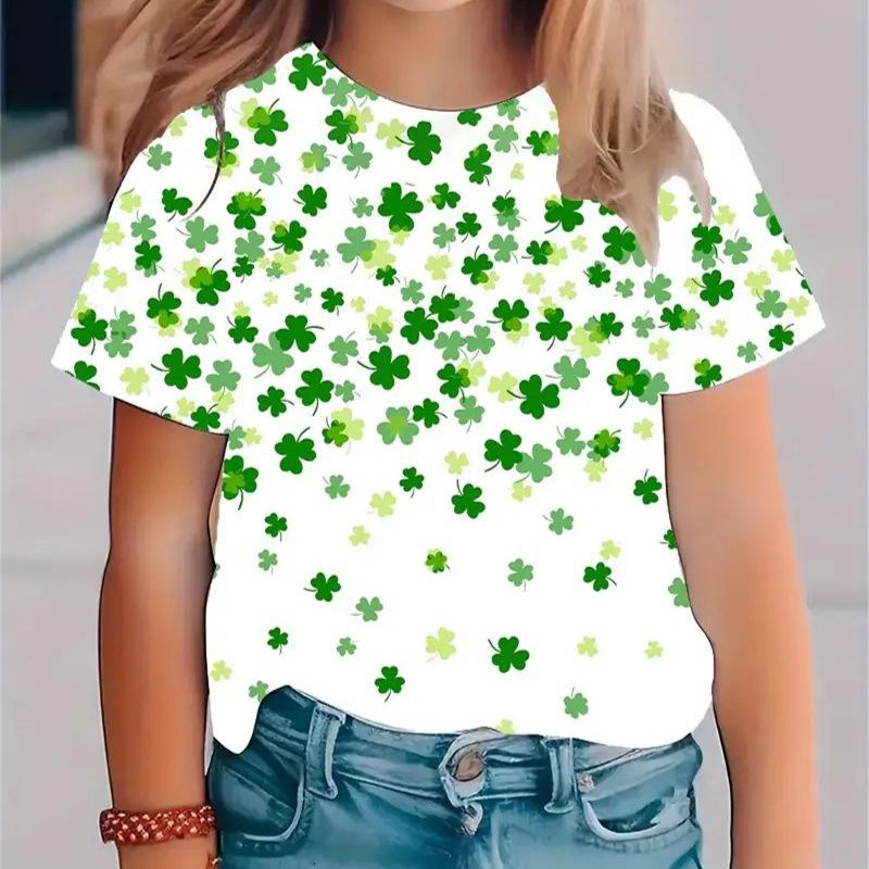 Kids T-shirt 3d Print New Minimalist 3D Printed Small Fresh Clover Pattern Girls' Round Neck Short Sleeved T-shirt