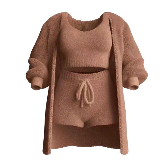 4 Pcs/Set Women Vest Shorts Coat Pants Set Long Sleeve Thick Coat Round Neck Sleeveless