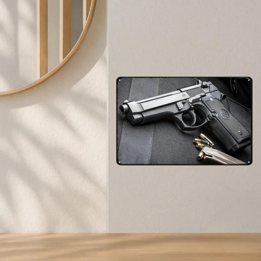 Vintage Handgun Metal Tin Sign 12x8 inch Retro Wall Art for Home Bar Garage Decor