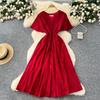 Summer women's niche French heavy industry embroidery waist V-neck short-sleeved dress women's thin temperament single-breasted long dress