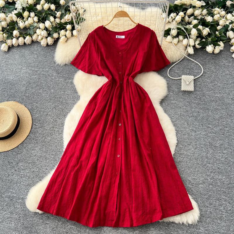 Summer women's niche French heavy industry embroidery waist V-neck short-sleeved dress women's thin temperament single-breasted long dress