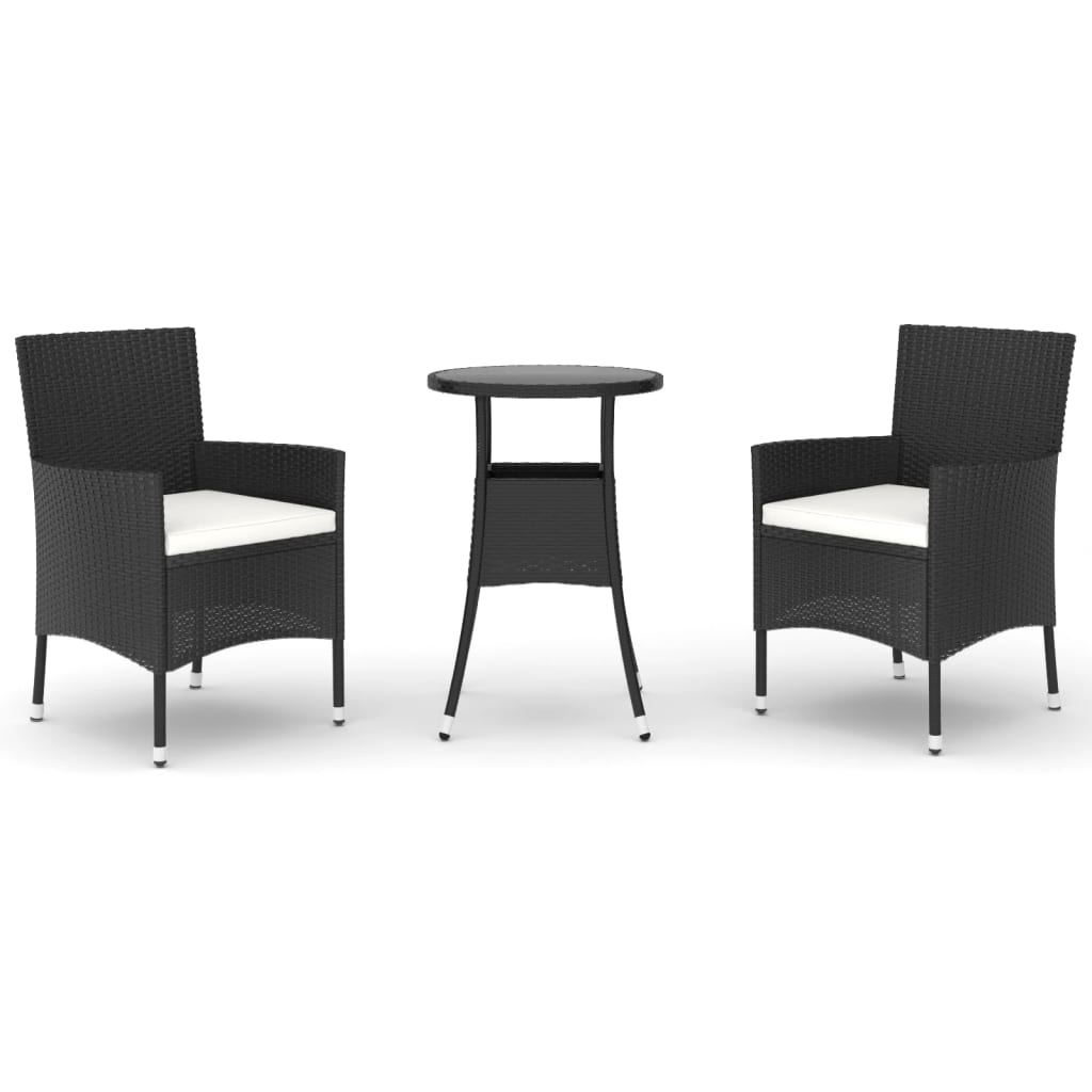 vidaXL 3-part. Garden Bistro Set with Cushions Black Poly Rattan