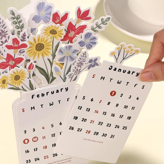 Blumenvase Kalender 2026 Floraler Schreibtischkalender mit Holzfuß Blühender Blumen Monatskalender für Zuhause Büro Schule