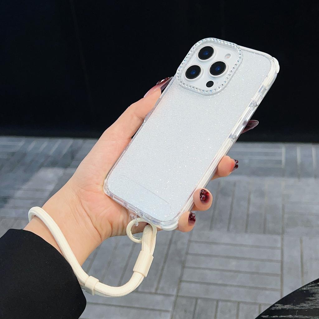 Pro iPhone 16 Pro Max Pouzdro Kamínková Dekorace Třpytivé TPU Ochrana proti Pádu Kryt na Telefon s Nastavitelným Poutkem na Zápěstí