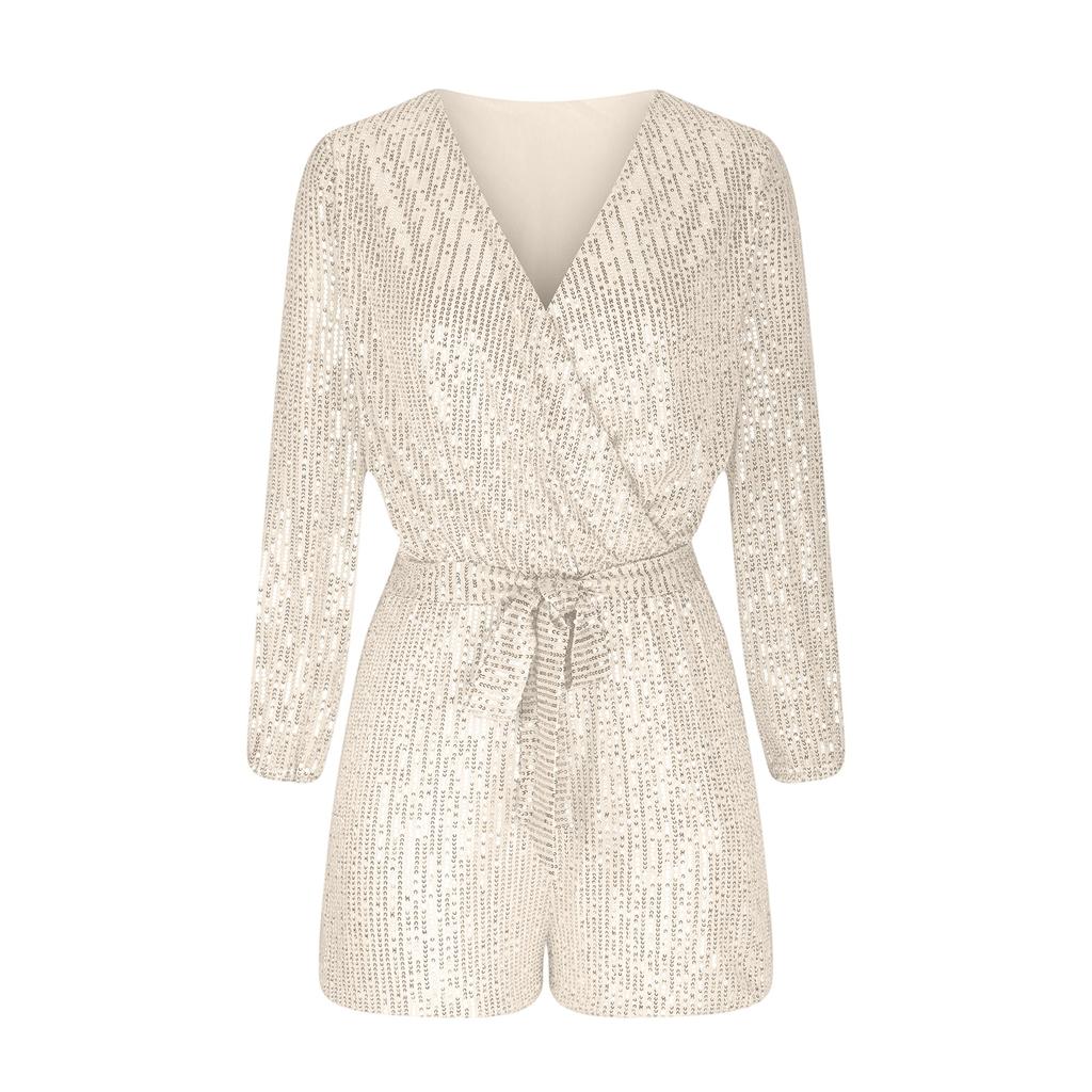 Damski Modny Sequinowy Kombinezon V-dekolt Długi Rękaw Błyszczący Krótki Romper