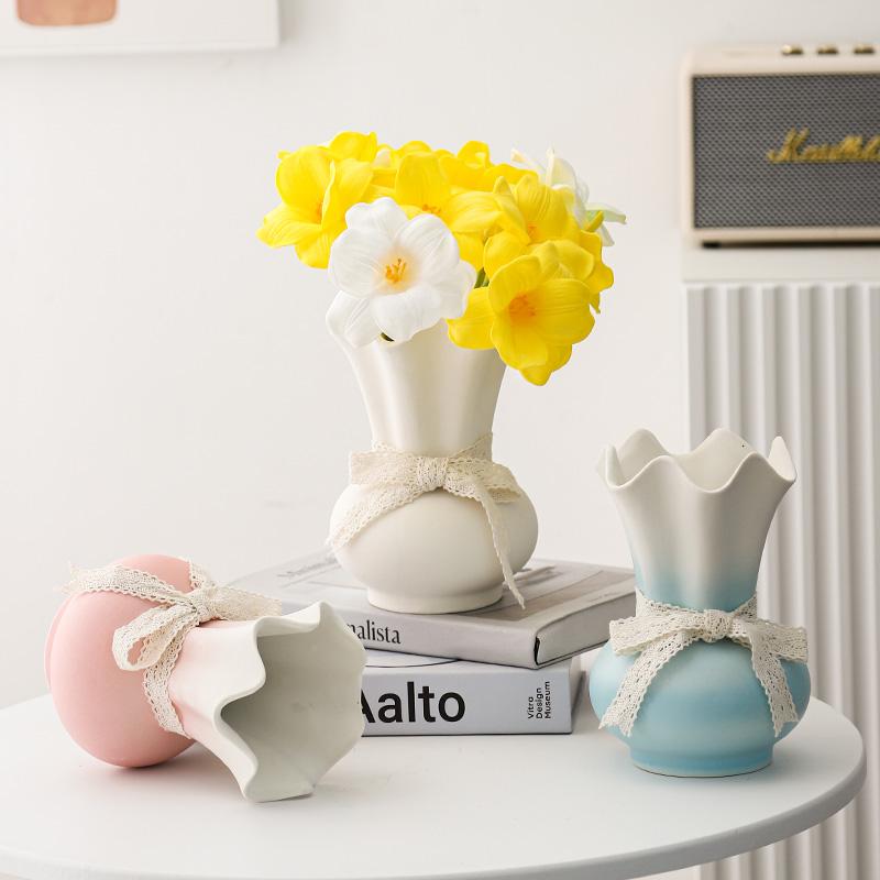 Chinese style Ceramic Gradient Color Wide Mouth Vase, Home Dining Table Living Room Bedroom Office Accessories, Flower Ware, 1Pc