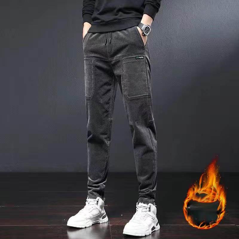 Corduroy Casual Pants For Men Fleece-lined Warm Striped Velvet Multi-pocket Slim Fit Straight Leg Pants