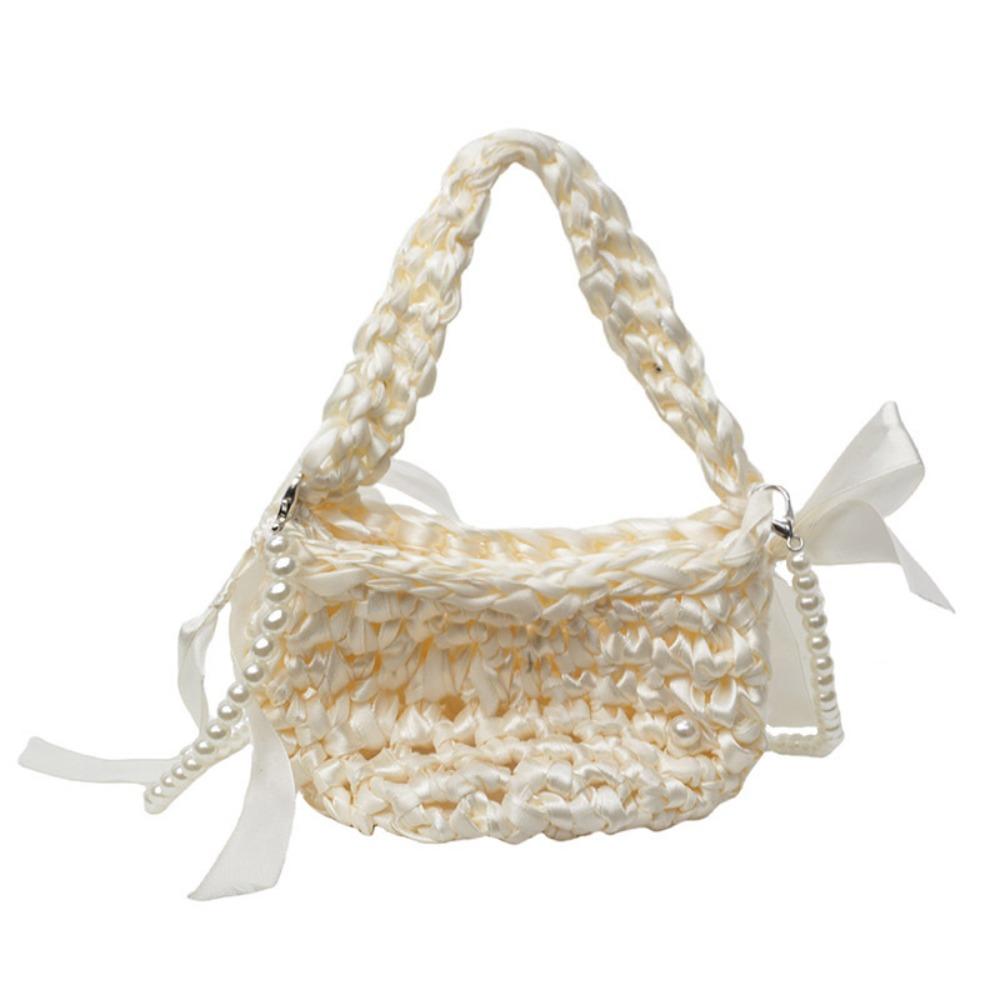 

Solid Color Weave Bag Bow Beach Handbag Fashion Pearl Shoulder Bag Travel бежевый