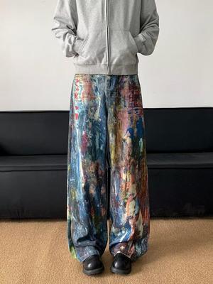 Retro Malowanie Olejne Graffiti Szerokie Spodnie Jeansowe dla Mężczyzn - Lato 2025 Spodnie z Wysokim Stanem Tie-Dye Proste Nogawki.