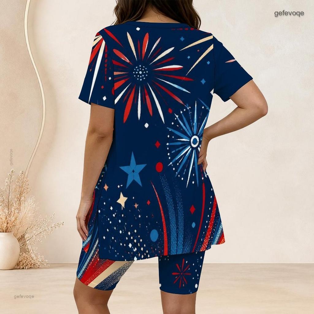 Women Plus Size Two Piece Outfit Crew Neck Short Sleeve Side Slit Top And Biker Shorts Geometric Graffiti Print Set