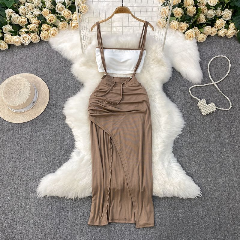 

Европейский и американский стиль гяру, сексуальное лоскутное платье-бюстье с нагрудными подушечками, женское платье на кулиске, облегающее, стройнящее, с разрезом, длинное Light brown One size