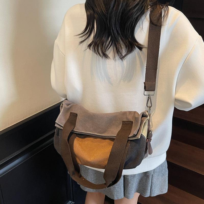 Simple Fashion Women's Bag Contrast Canvas Bag Women's Large Capacity Retro Contrast Patchwork Cloth Bag New Shoulder Handbag