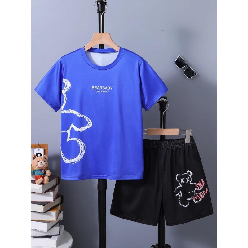 Summer Children's Set Fashion Street Bear Print Two-Piece Suit Casual Style Clothes for Boys and Girls