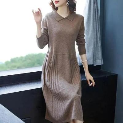 Damen Strickkleid für Herbst und Winter Elegant Figurbetontes Midilanges Langarmkleid