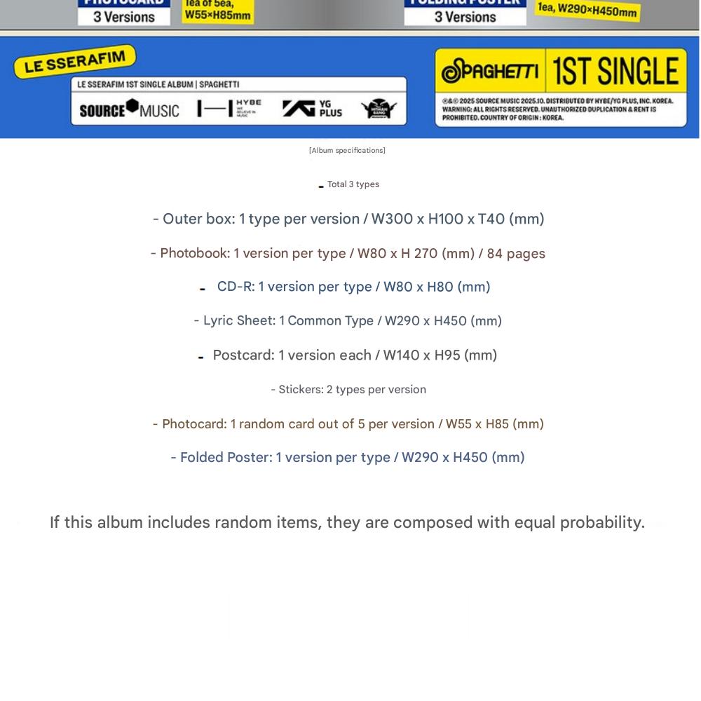 Le Sserafim 1st Single Album SPAGHETTI Standard Edition, Photobook, Lyric Sheet, Postcard, Stickers, Folded Poster