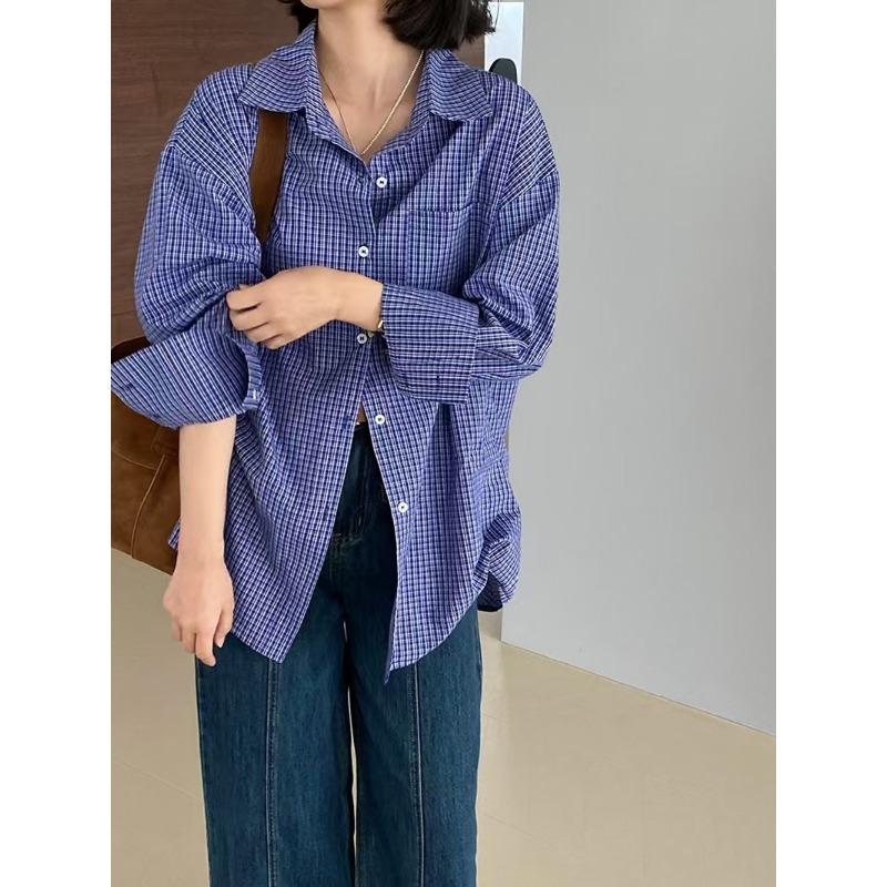 American Retro Blue Plaid Shirt for Women Spring Autumn and Summer Korean Style Lazy Loose Sun Protection Shirt Top Jacket S синий