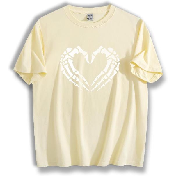 Unisex Loose Fit Crewneck Cotton T-Shirt, Skeleton Hands Forming Heart Shape Gothic Love Halloween Spooky Graphic Tee