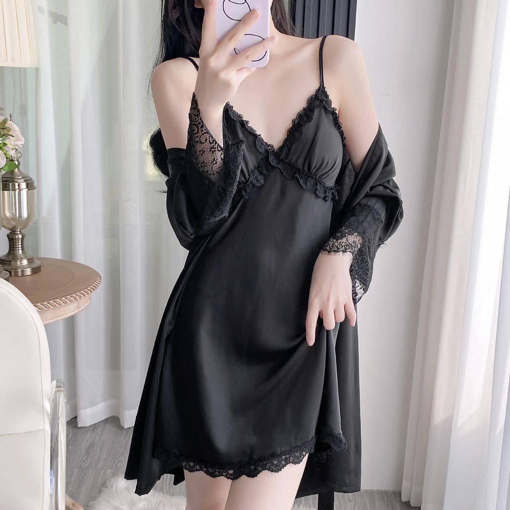 Ice Silk Lace Camisole Dress & Robe Set - Luxury Nightwear for Women