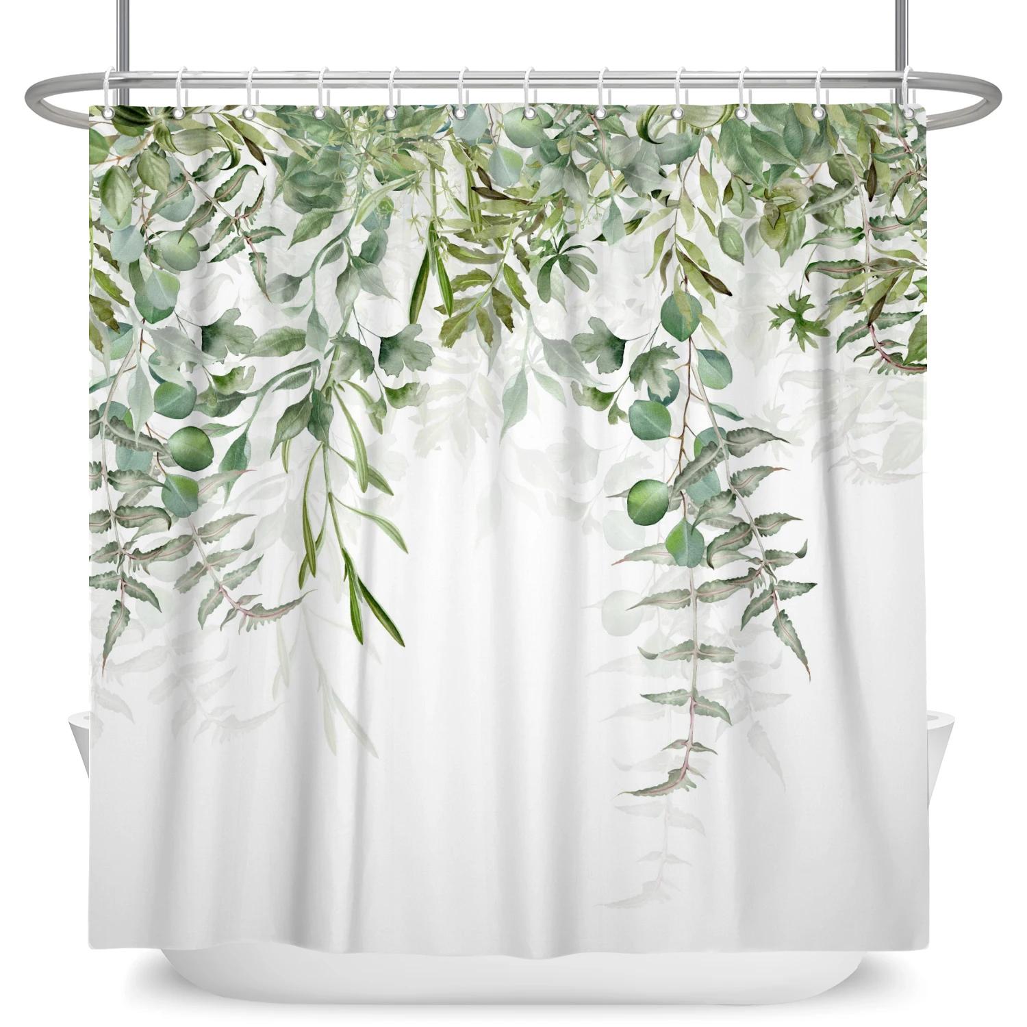 

Simple Fresh Green Leaves Printed Shower Curtains Morden Bathroom Decor Waterproof Polyester Fabric Bathtub Screen With Hooks W60H190(CM)-1 Pcs