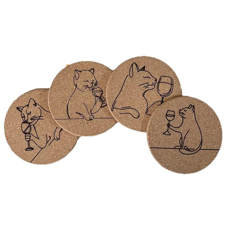 

4pcs Charming Cat and Wine Engraved Cork Coasters - Rustic Round Drink Pads - Perfect for Home, Restaurants, Cafe Decor 10cm