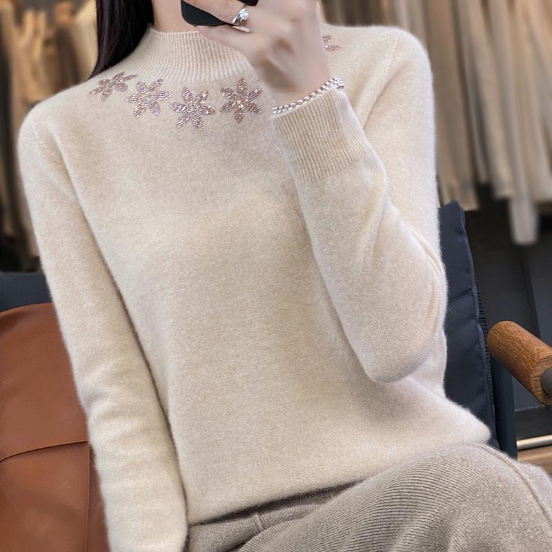 Autumn/Winter Rhinestone Embellished Knit Pullover - Women's Semi-High Neck Long Sleeve Top