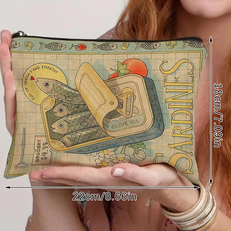 Vintage Canvas Cosmetic Bag Simple Large Capacity Makeup Bag Female Travel Clutch Toiletry Bag Retro Sardines Olive Oil Design