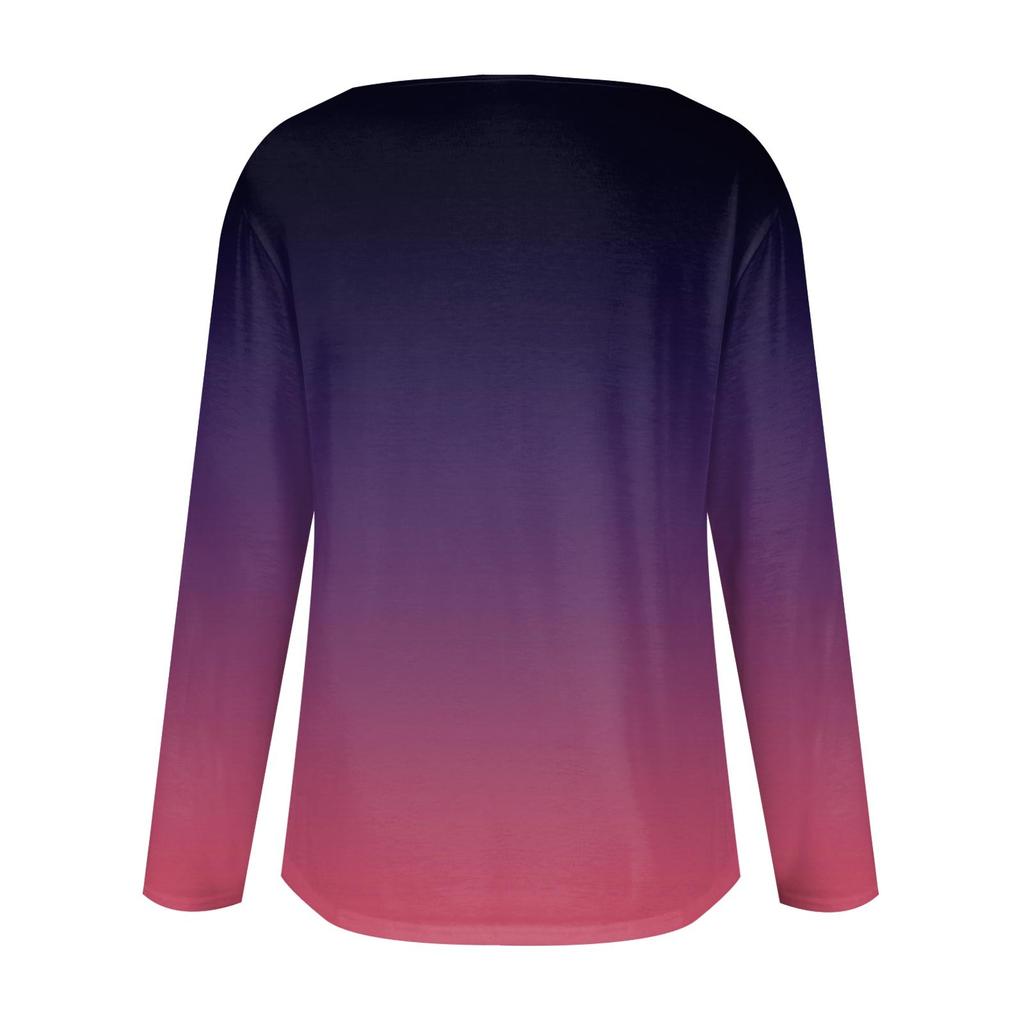 Damen T-Shirt mit Rundhalsausschnitt, modischer Taille und Farbverlauf-Print, langärmelig
