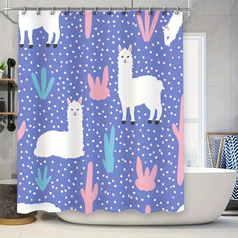 

Playful Pastel Polka Dot Alpaca Blue Shower Curtain For Bathroom Decor Rabbit Cactus Design Gift Idea W60H190(CM)-1 Pcs