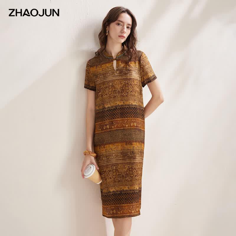Zhaojun Women s Mulberry Silk Printed Bubble Crepe Short-Sleeve Dress L