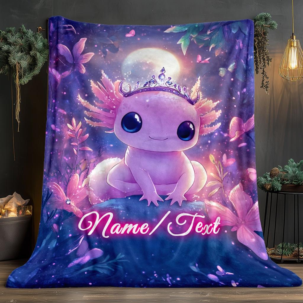 Custom Axolotl Blanket Purple Pink Butterfly Moon Design Personalized Name Fleece Throw All Season Soft Warm Bedding Home Decor